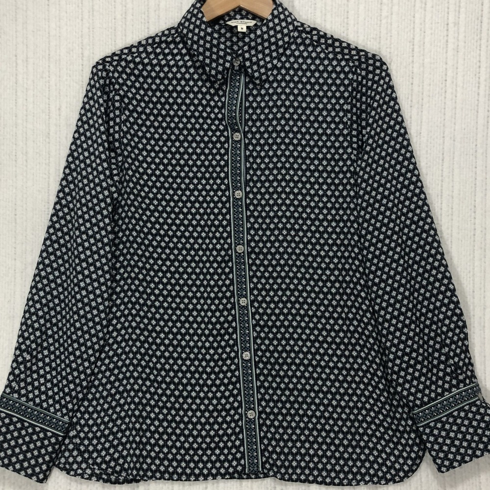 Max Studio London Navy Geometric Diamond Print Button Down Blouse 5707V30 M